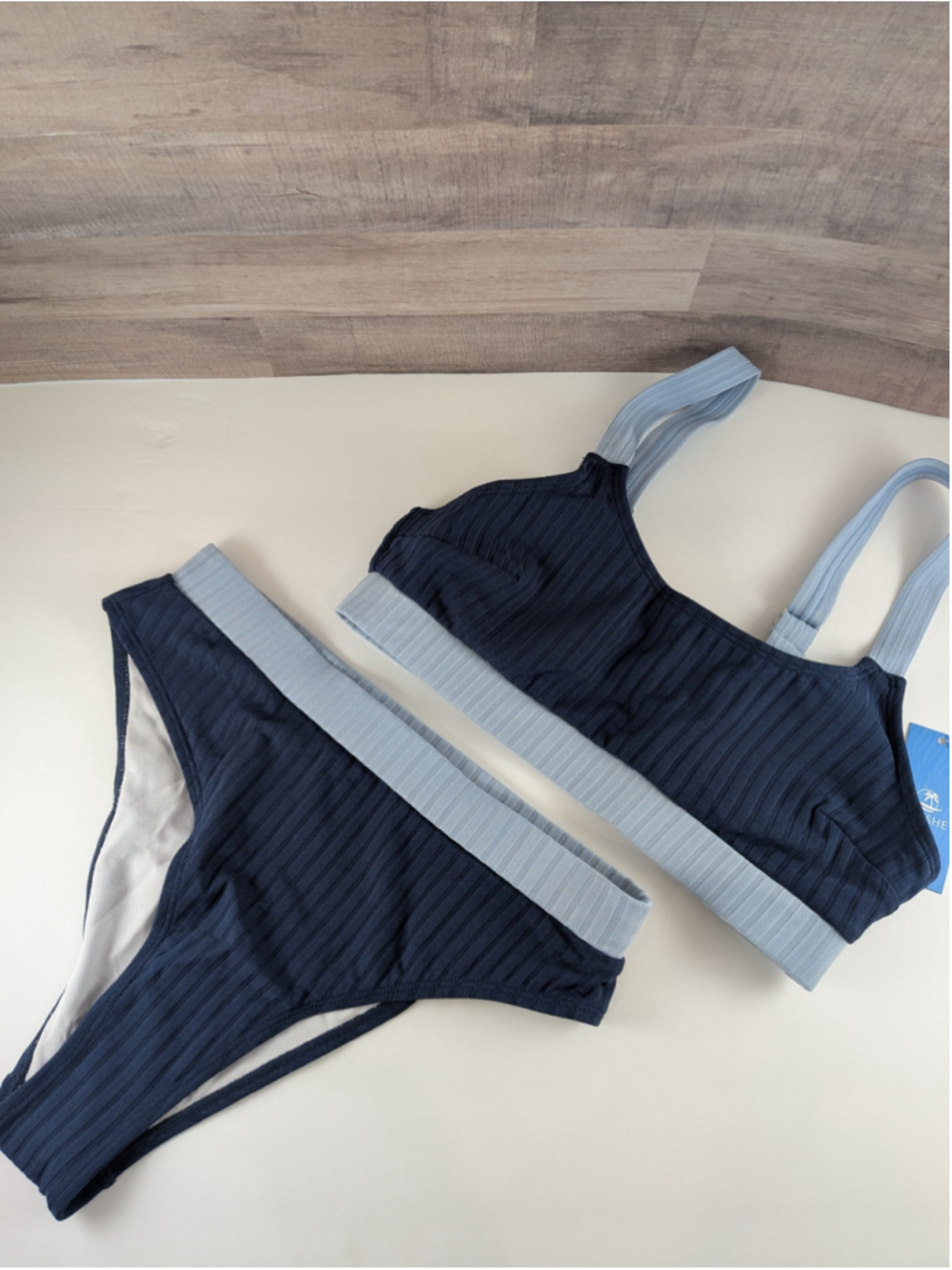 Cupshe Navy & Light Blue Ribbed Bikini Set S